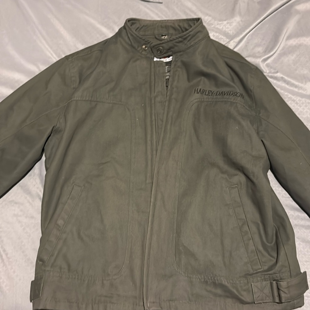 Harley Davidson Gray Green Logo Jacket Mens SZ L Embroidered Back Full Zip Denim